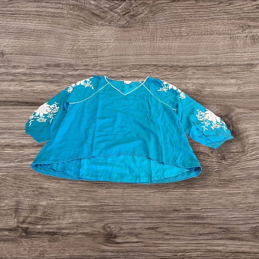 Sundance Boho V Neck Embroidered Floral Pompom Trim Top Blouse Size PL